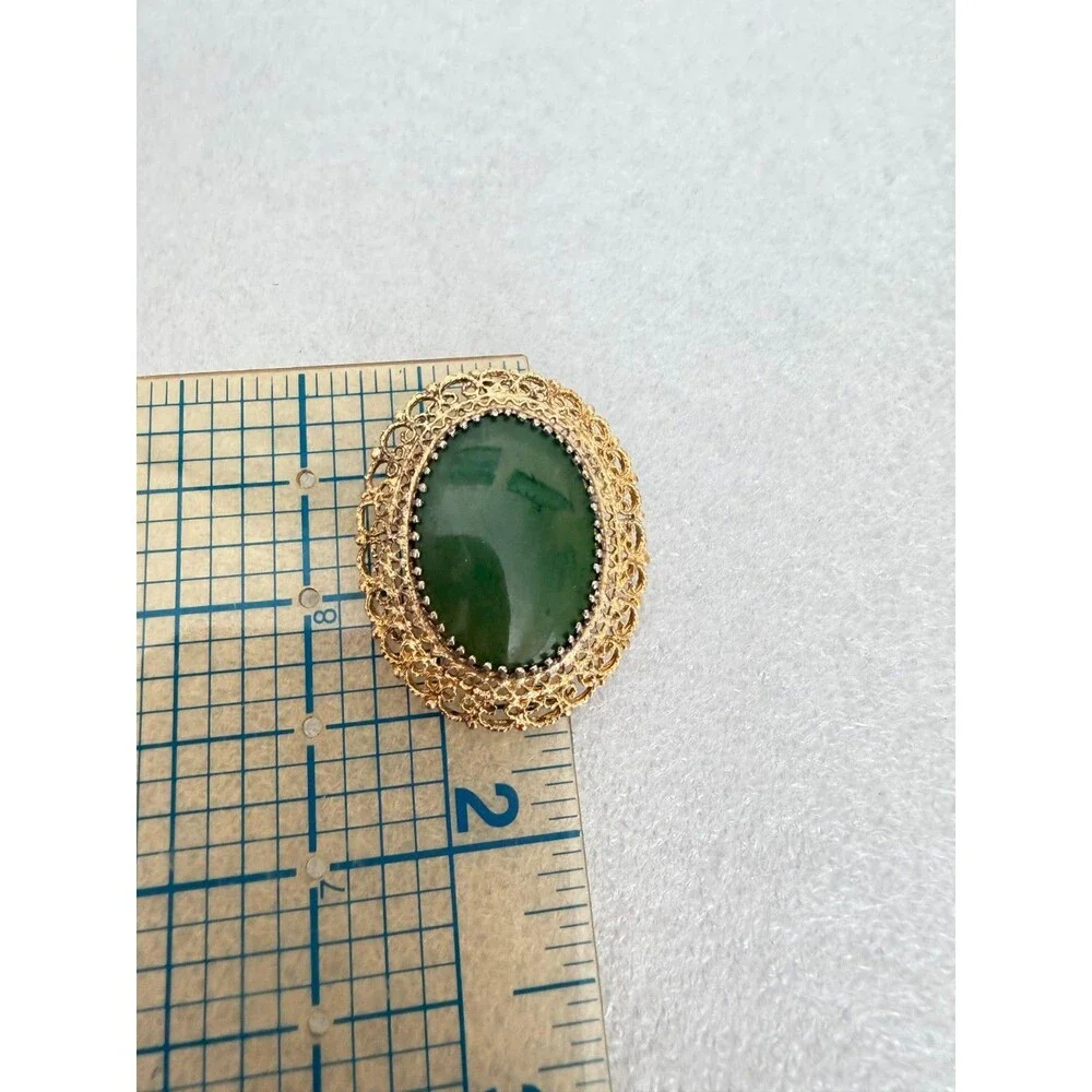Vintage 1960s Karen Lynne Sterling Silver Gold Vermeil Green Jade Filigree Brooc